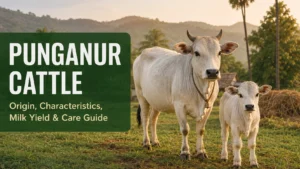 Punganur cattle cow and calf on a farm in Andhra Pradesh